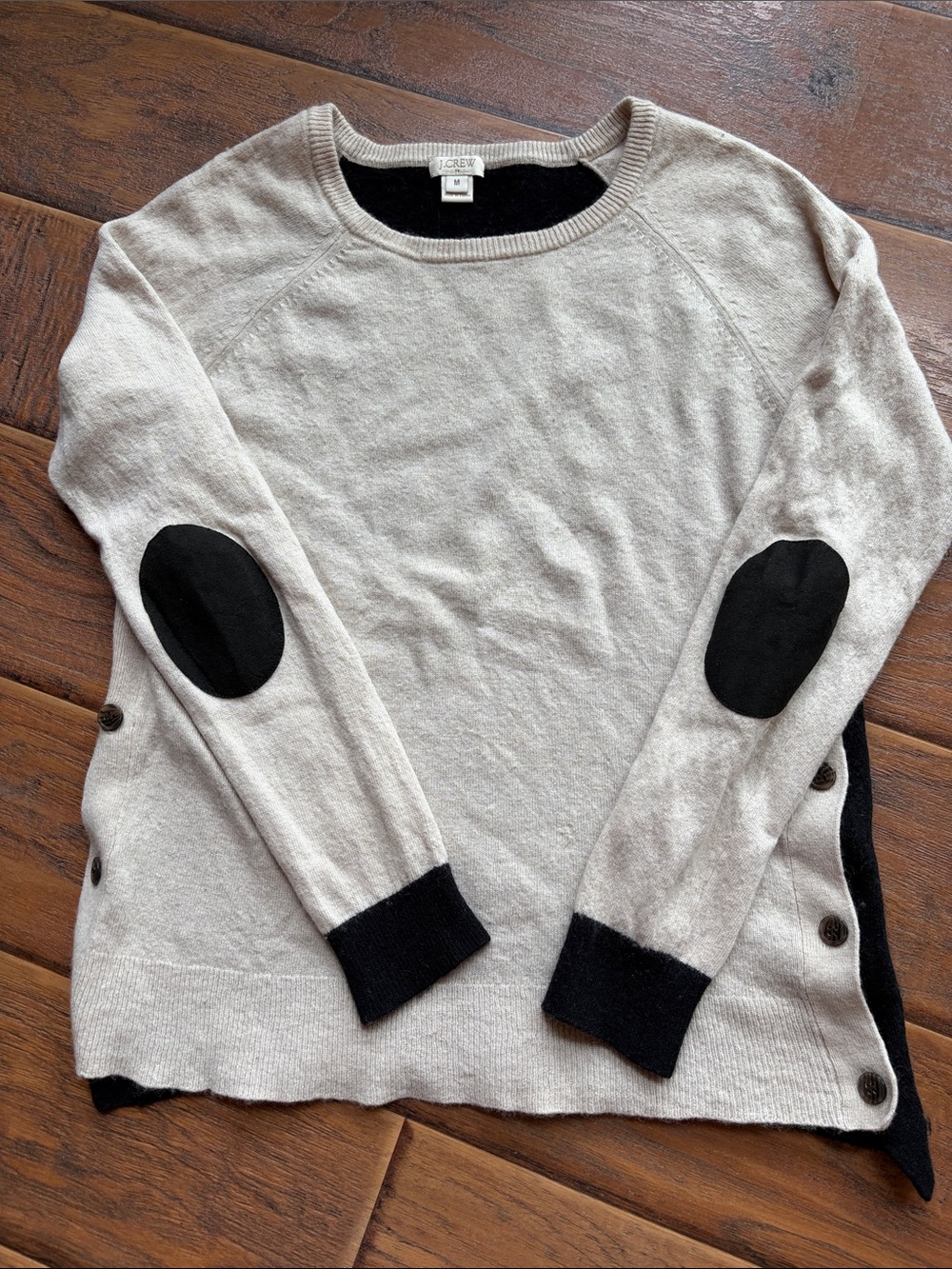 J. Crew Beige Crewneck Sweater with Black Elbow Patches and Trim